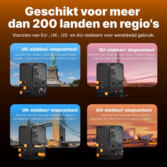 Zwarte Voltière wereldstekkers met verschillende stopcontacten, elk met een herkenbaar monument van het land.