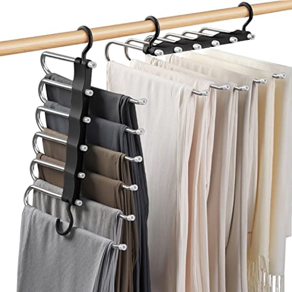 Huis Geluk Broekhanger 6-in-1 - Ruimtebesparende Magische Kledinghanger van RVS - Uittrekbare Broekhouder voor Sjaals, Jeans en Broeken - Zwart