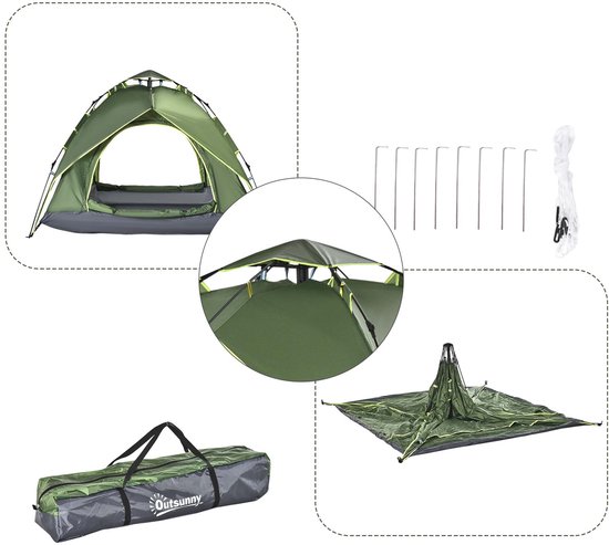 Koepeltent 210x210x140 cm groen lichtgewicht en stabiel met extra kap waterdicht en UV-bestendig ontwerp stevige en flexibele glasvezelstokken twee ingangen inclusief grondzeil en opbergtas geschikt voor kamperen en wandelreizen — afbeelding 2