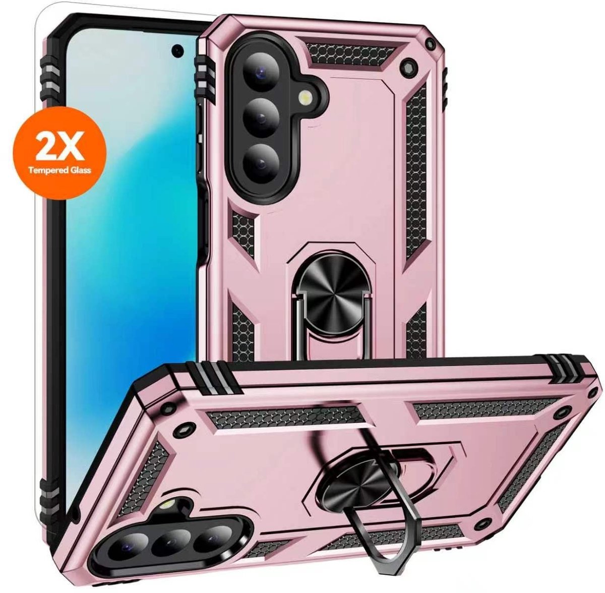 Hoesje Geschikt voor Samsung Galaxy A27 Hoesje – Rose Goud Hybride Armor Anti-Shock Hoes met Draaibare Ringhouder – Inclusief 2x Screenprotector