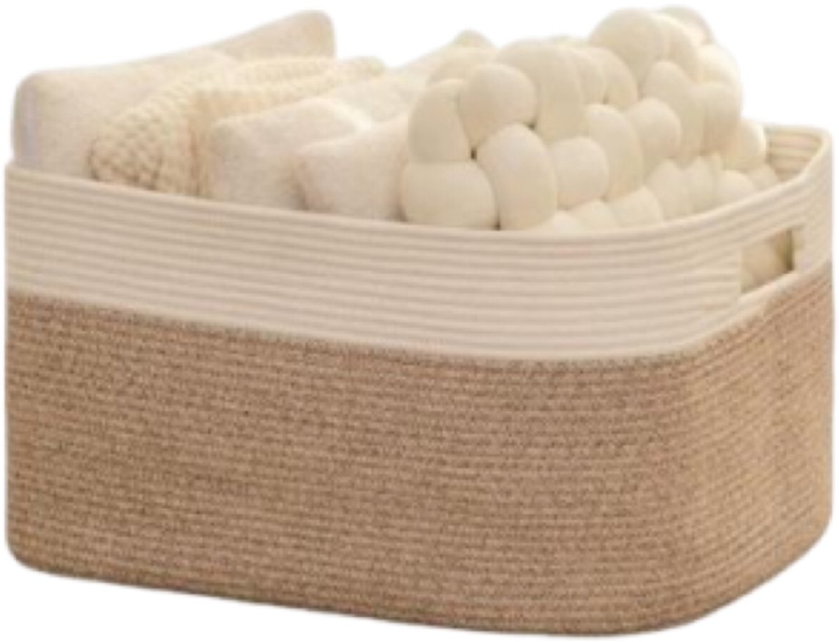 Gevlochten Opbergmand ——55 x 43 x 30,5 cm ——Geïntegreerde Handgrepen——Geschikt Voor Het Opbergen Van Speelgoed, Boeken, Handdoeken En Kleding (1 stuk, bruin en wit)