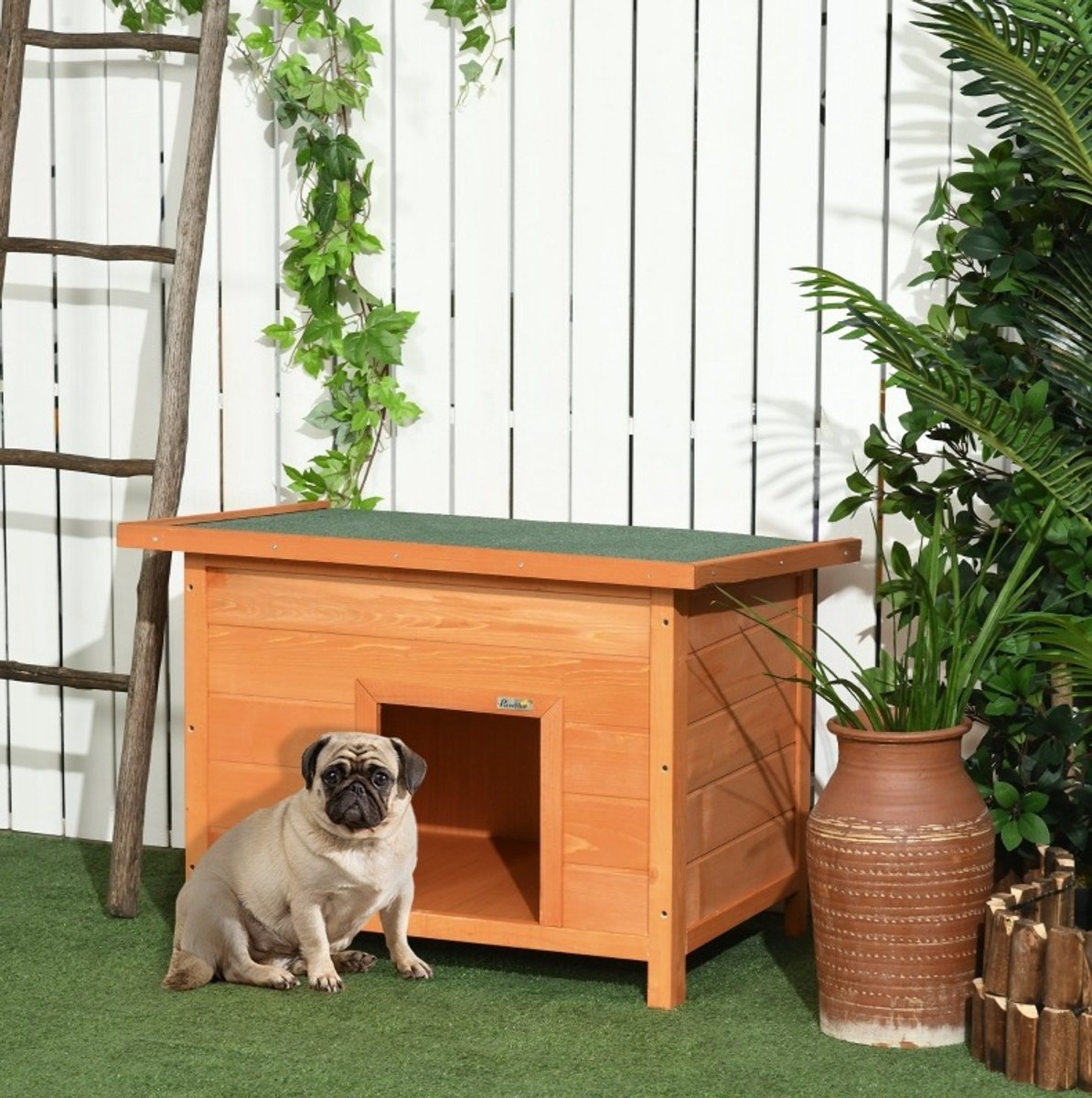 REDOM - Hondenhok - Opklapbaar dak - Waterdicht - Verhoogde bodem met opbergruimte - Outdoor - Voor kleine honden - Hout - Geel - 82 x 58 x 58 cm
