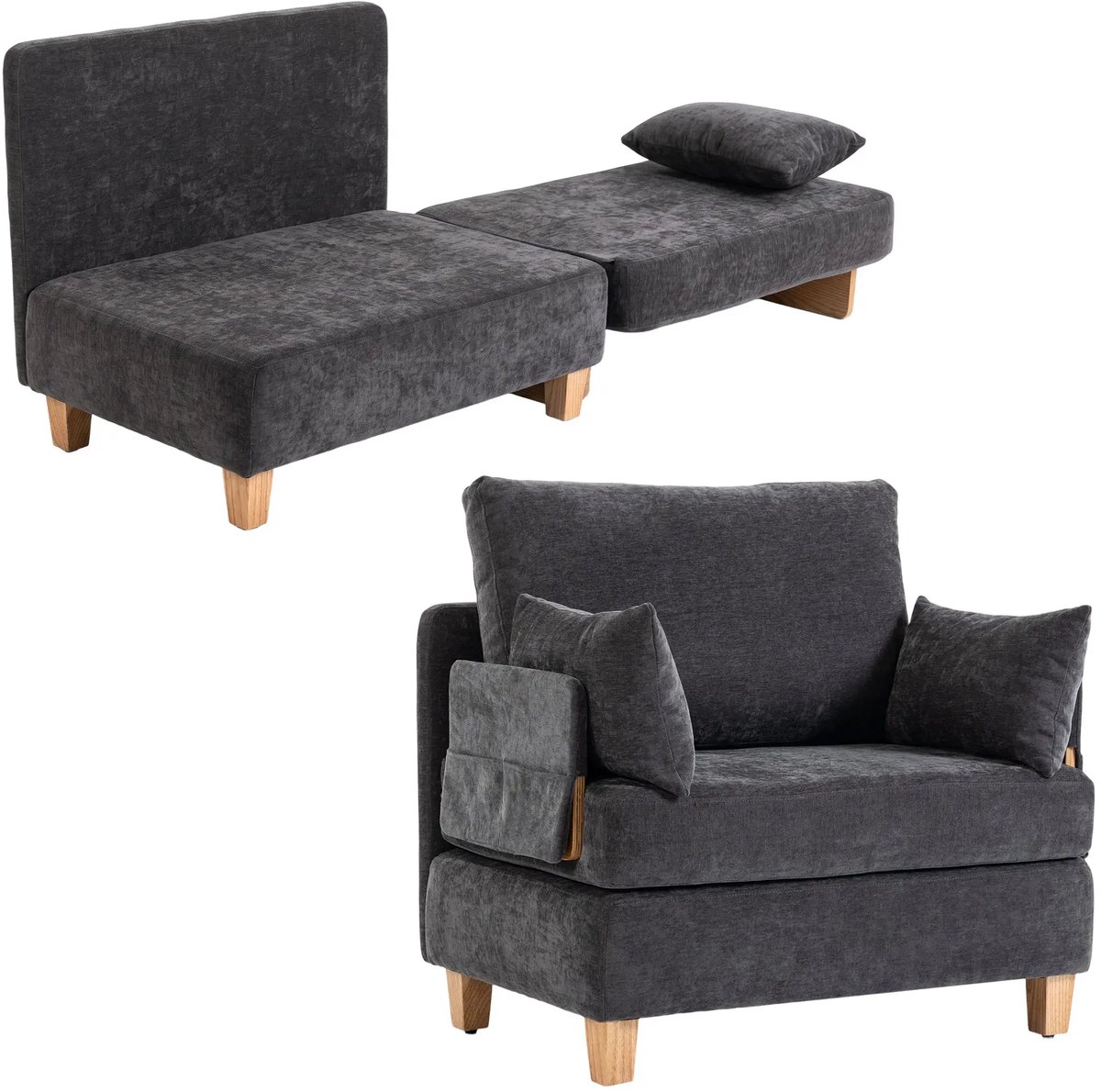 Slaapstoel - Uitklapbaar - Slaapbank - Logeerbed - Zetelbed - Slaapfauteuil - Vouwbed - 1 persoons - Zeer comfortabel - Donkergrijs + Natuurlijk hout