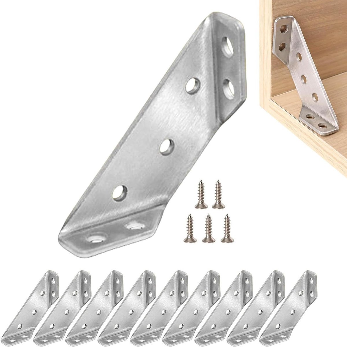 10 stuks-Hoekbeugel - RVS - Hoekbeugel - Plankdrager - 90° Rechte Hoek - Bevestigingsmateriaal - Geschikt voor kasten, kledingkasten, boekenplanken, meubels - Zilver - 58*20*14 mm - Gatdiameter 5 mm - Inclusief schroeven