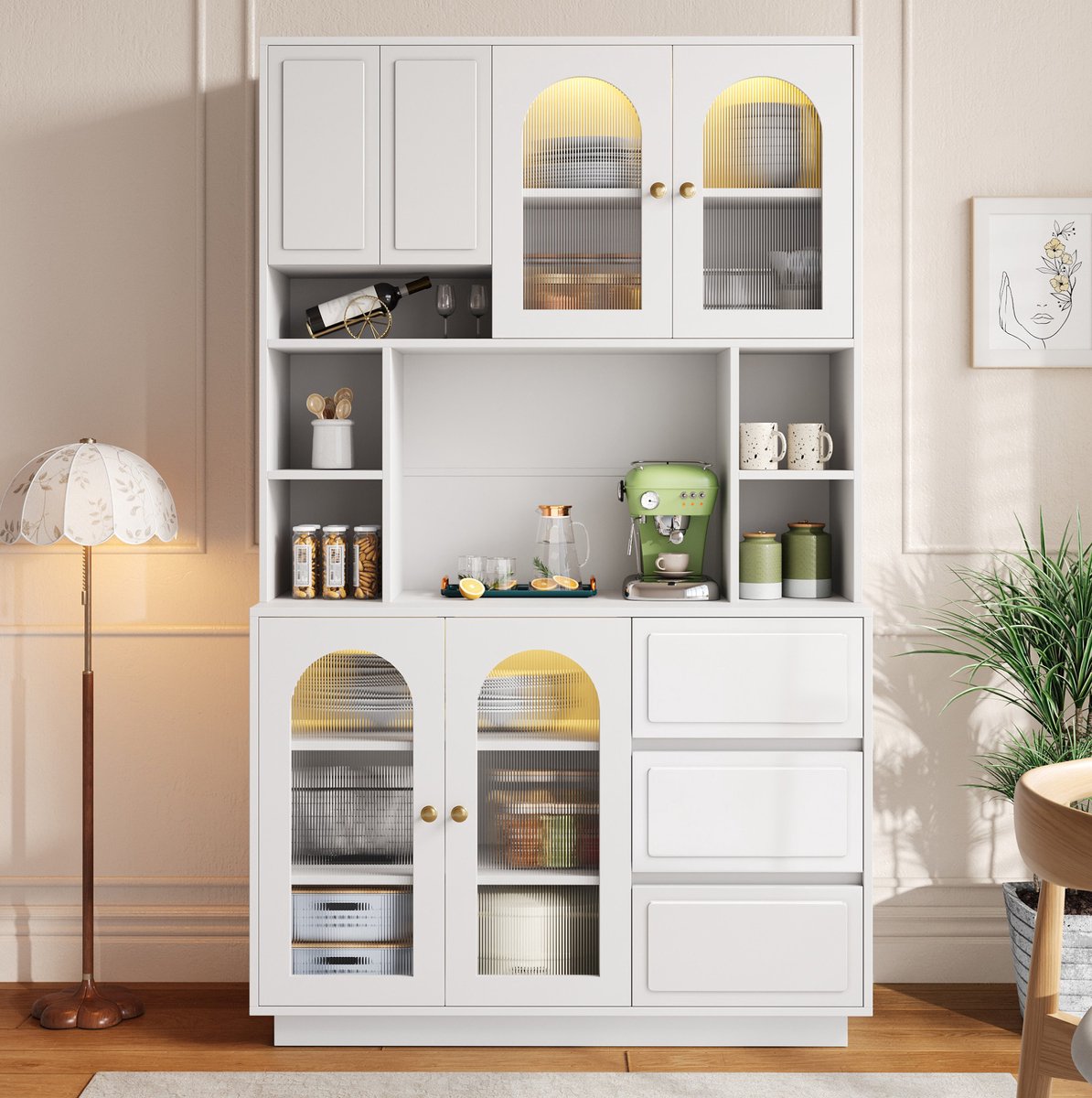FloraGrace Dressoir - Hoge Opbergkast Met Gebogen Acryldeuren En LED-Verlichting - Voor Keuken En Woonkamer - MDF - 106x30x175 Cm - Wit