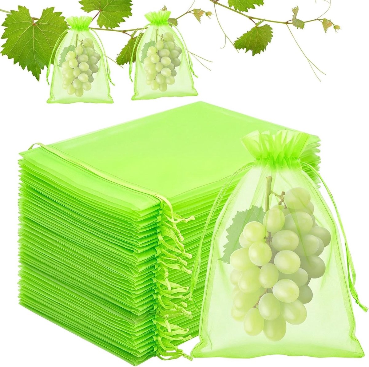 Set van 100 Beschermzakken voor Druiven, Fruitbeschermers, 20 x 30 cm, Met Trekkoord, Bescherming Tegen Fruitvliegjes, Vogels en Insecten (Lichtgroen)