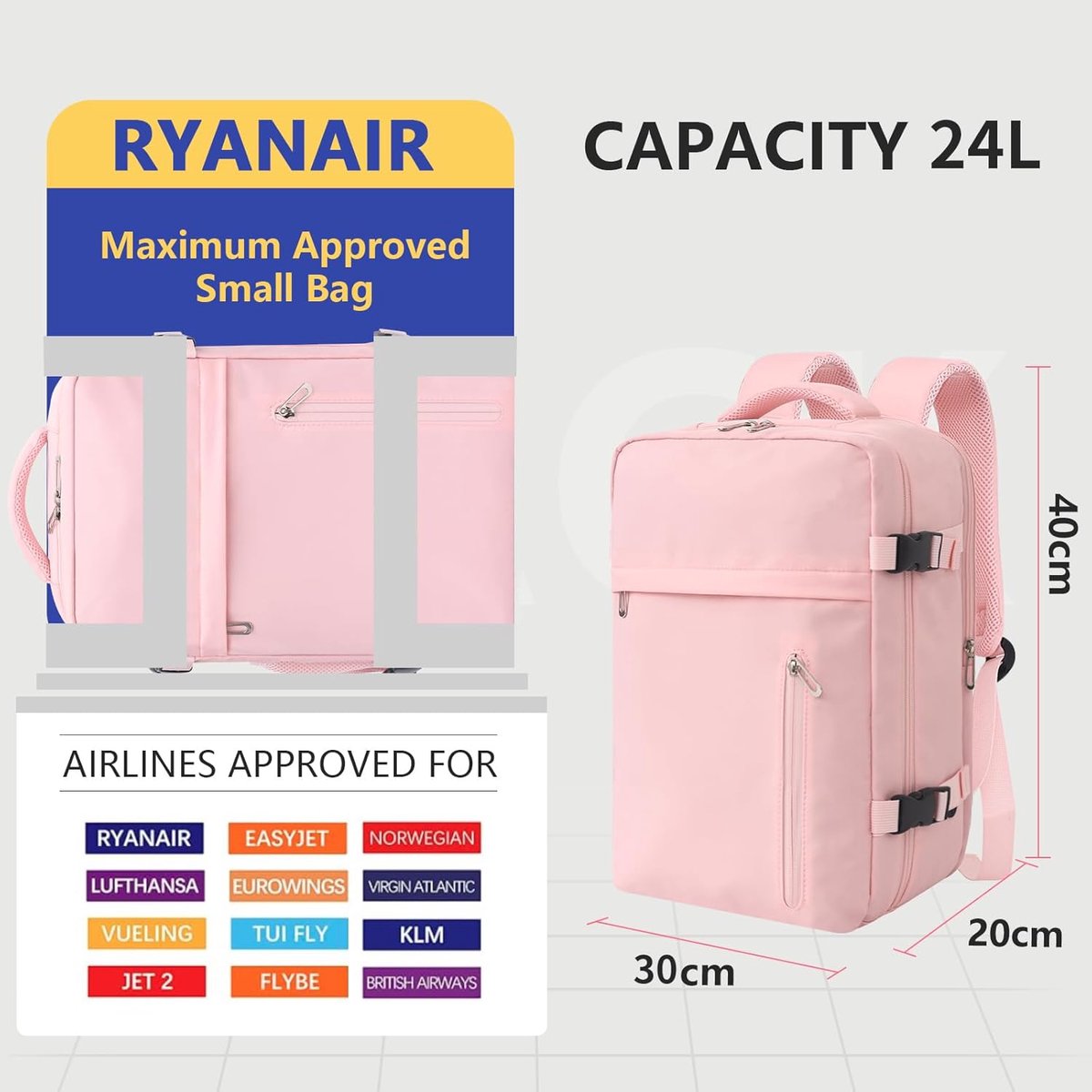 SnelShoppen - Handbagage 40x20x25 cm voor Ryanair - Reisrugzak Vliegtuig Klein - Roze Boheems - Ideale Reistas voor Cabine en Weekendje Weg