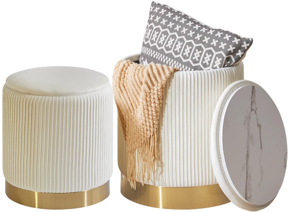 Omgoods - Set van 2 Ronde Voetensteunen met Opbergruimte - Modern en Multifunctioneel, Wit
