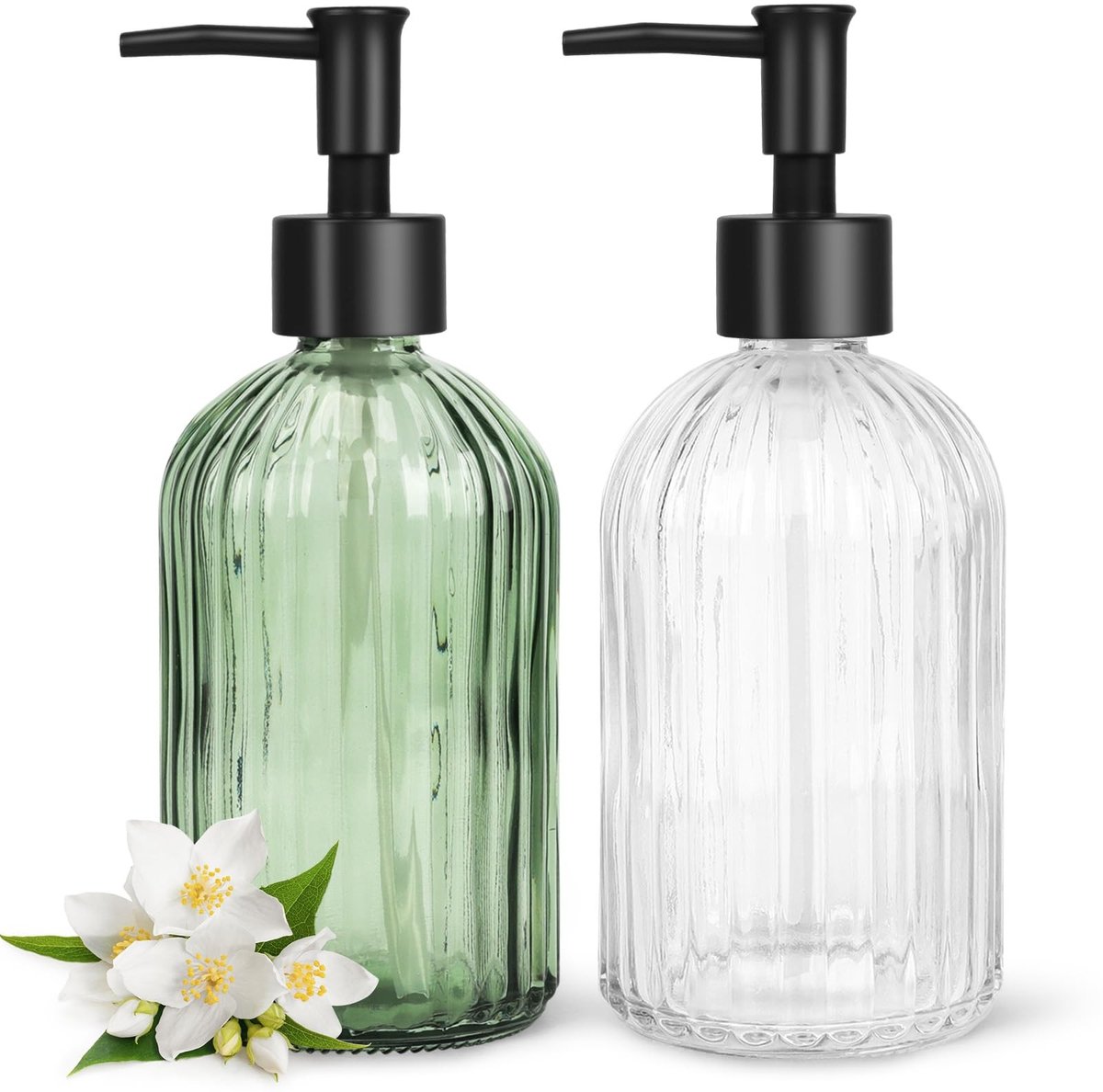 Omgoods - Set van 2 Glazen Zeepdispenser met Plastic Pomp voor Keuken en Badkamer