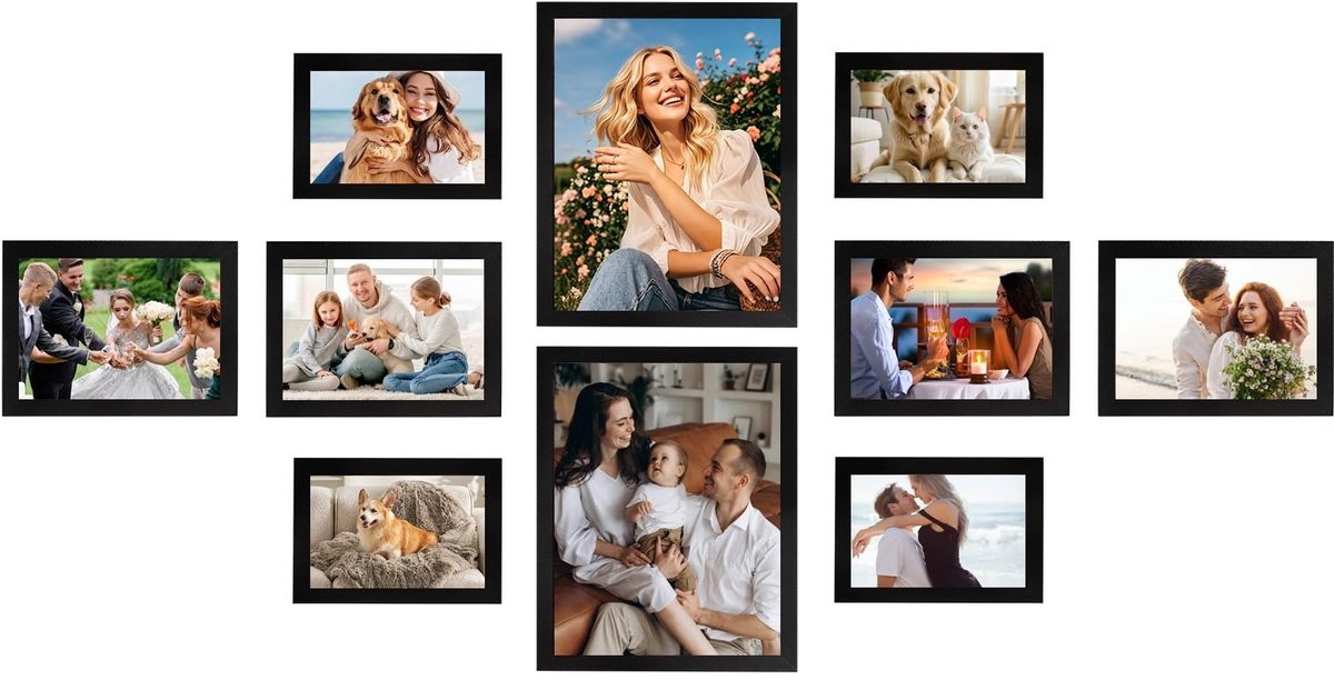 Omgoods - Set van 10 Zwarte Fotolijsten in Diverse Maten - Perfect voor Collages