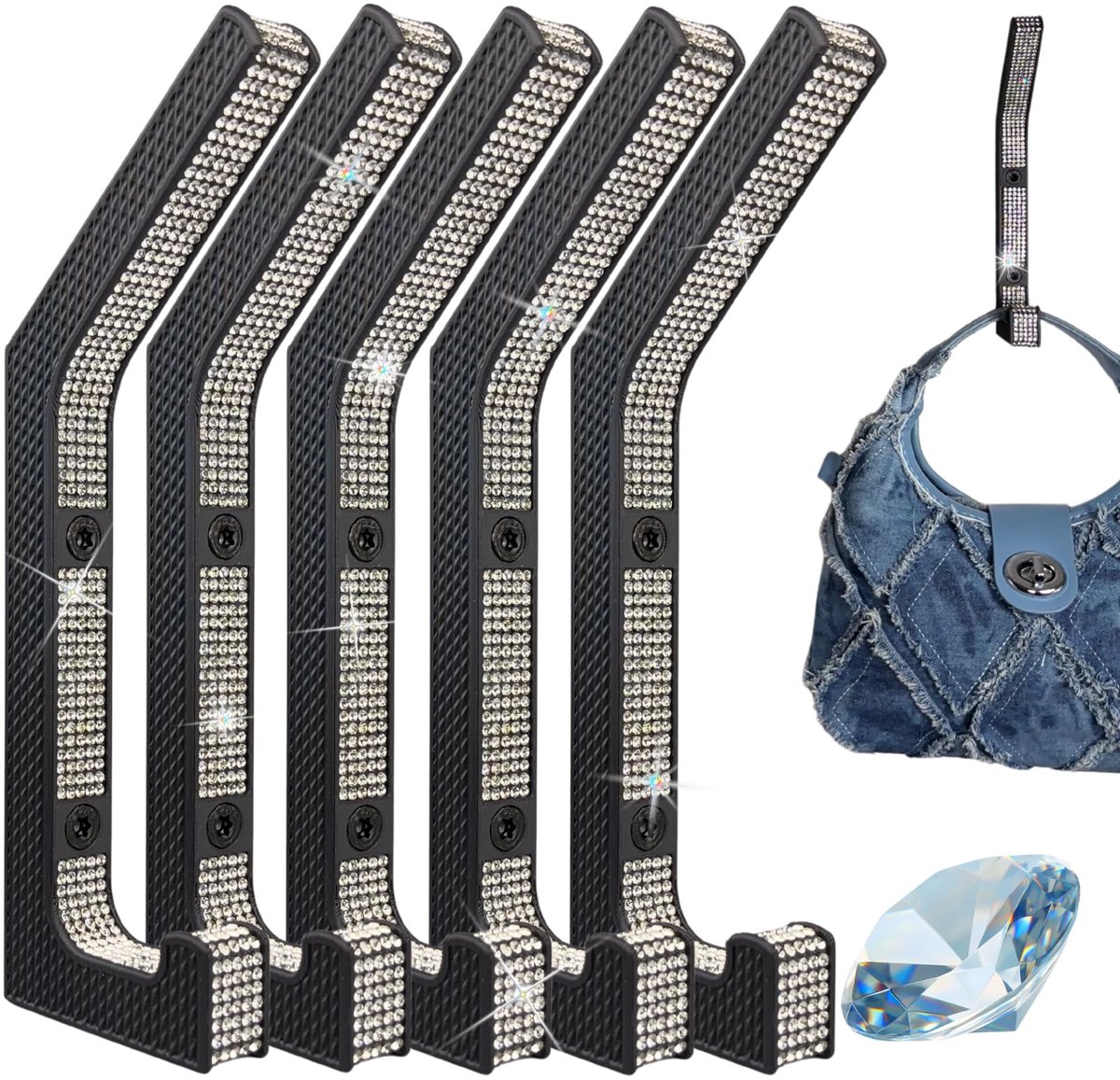 Omgoods - 5 Luxe Wandhaken met Strass Steentjes voor Kleding