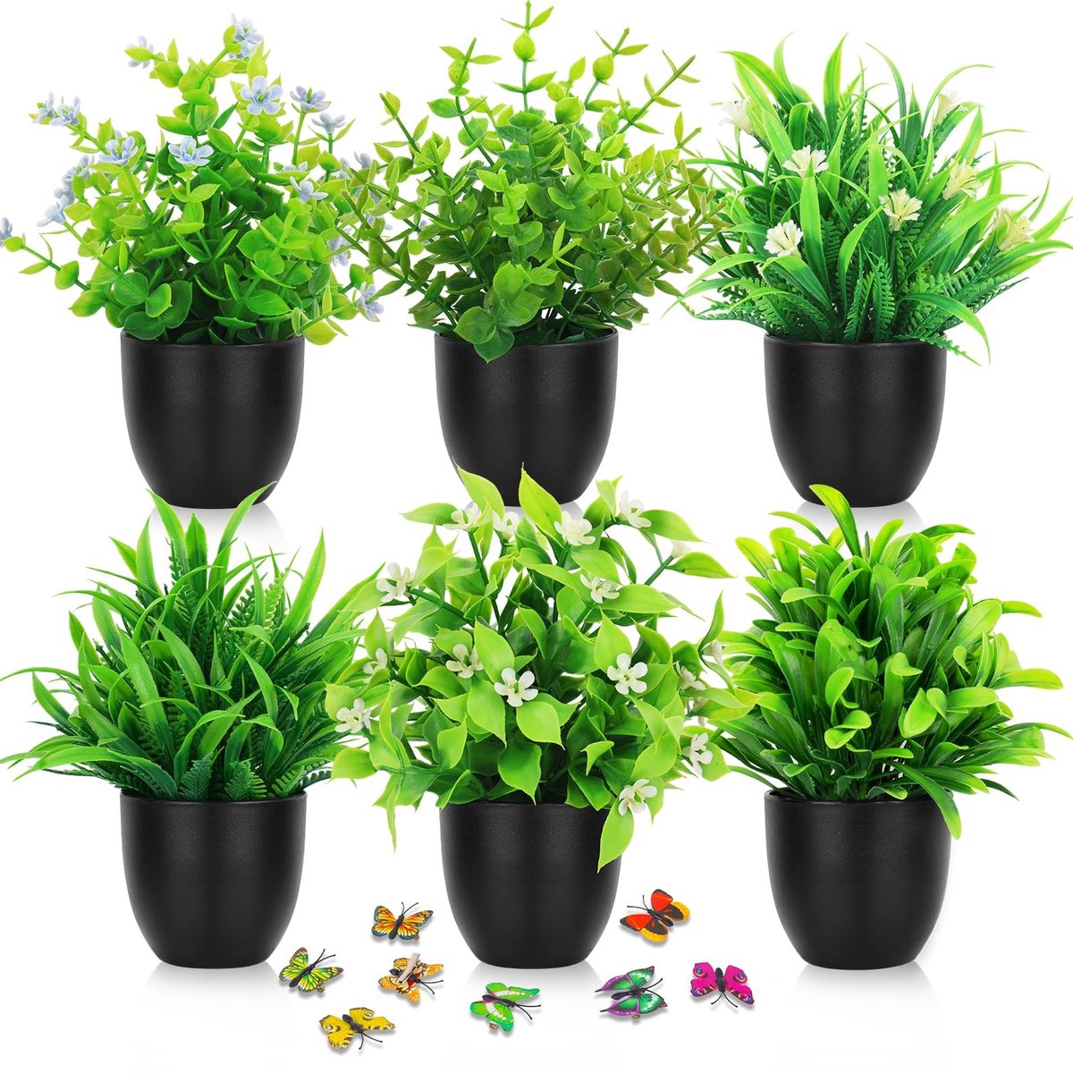 Omgoods - Set van 6 Kleine Kunstplanten in Potten - Perfect voor Binnen en Buiten
