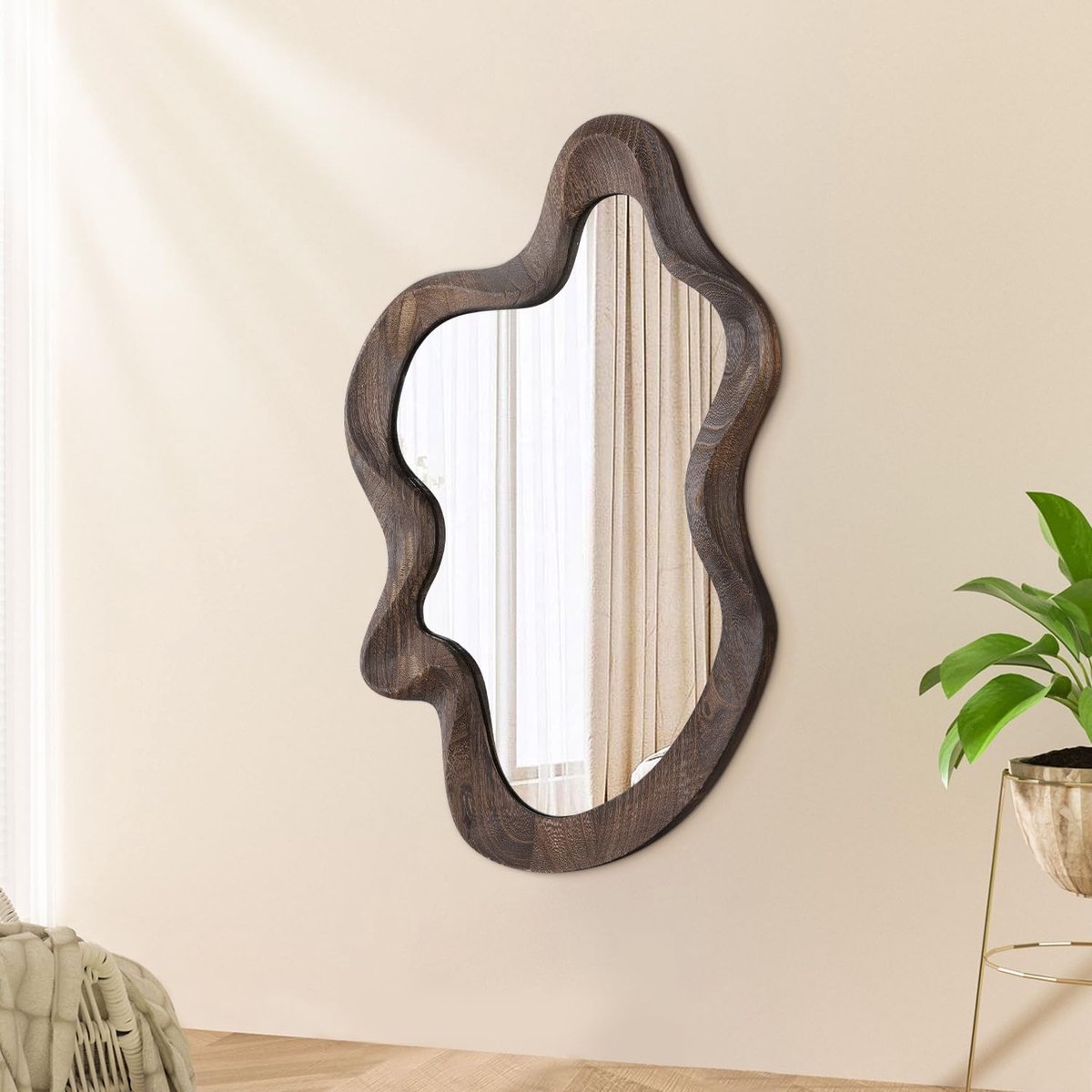 Omgoods - Asymmetrische Wandspiegel met Houten Frame voor Decoratie