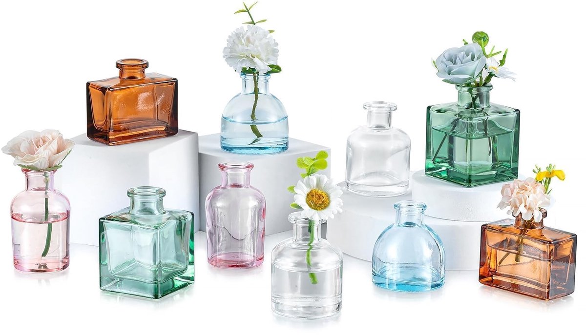 Omgoods - Set van 10 Kleine Glazen Vazen voor Bloemen