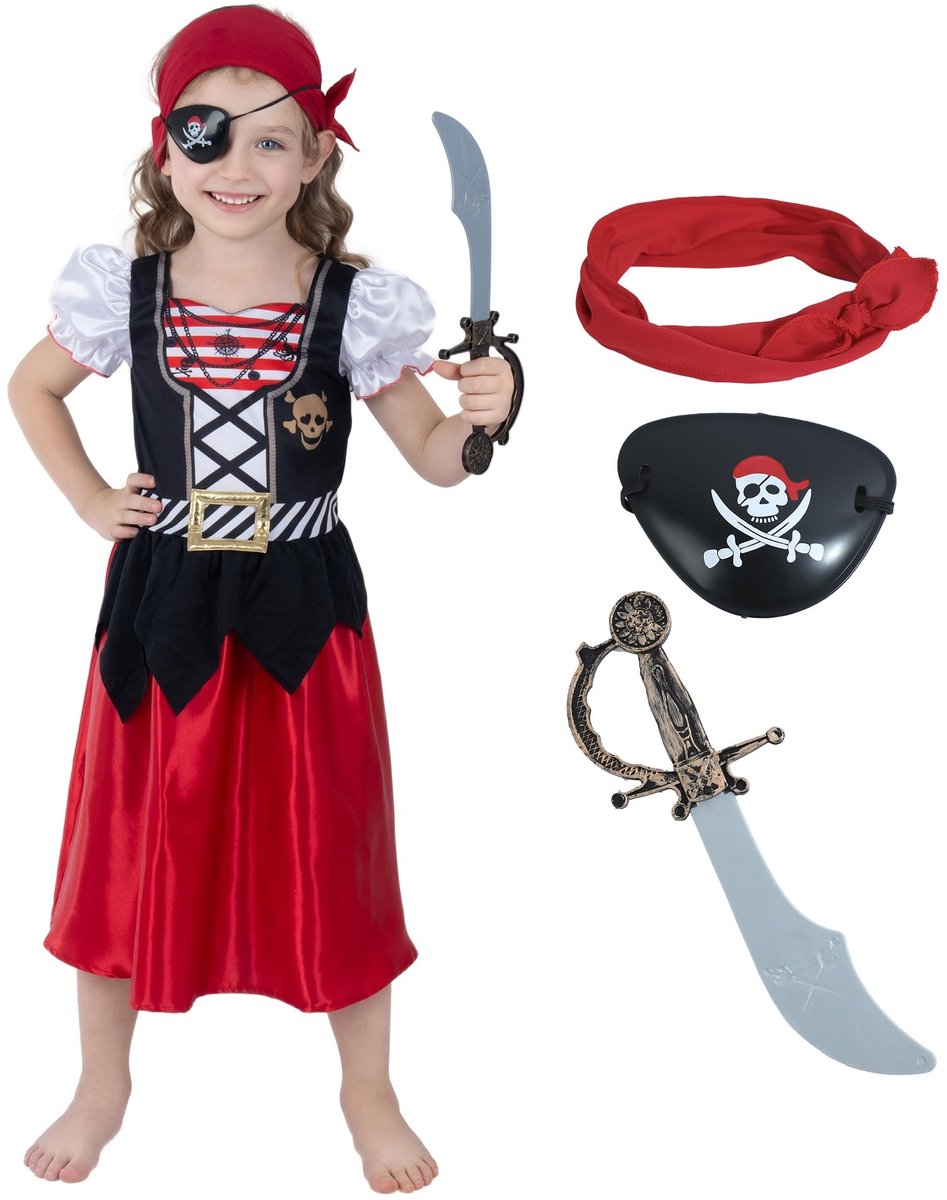Omgoods - Piratenkostuum voor Meisjes met Jurk en Accessoires, Maat 7-8 Jaar
