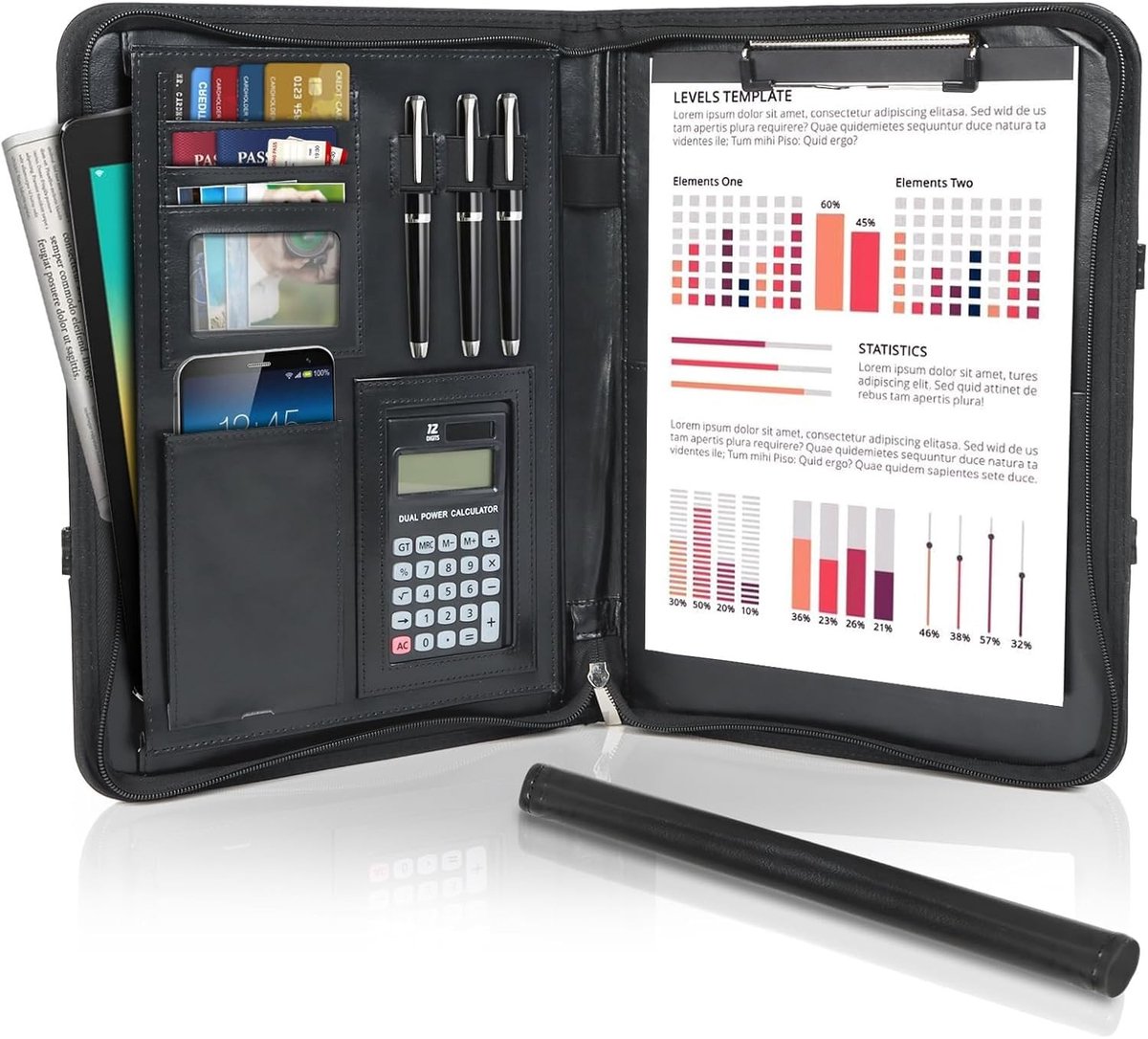 Omgoods - Multi-Pocket Lederen Document Folder A4 - Zwart voor Reizen en Vergaderingen