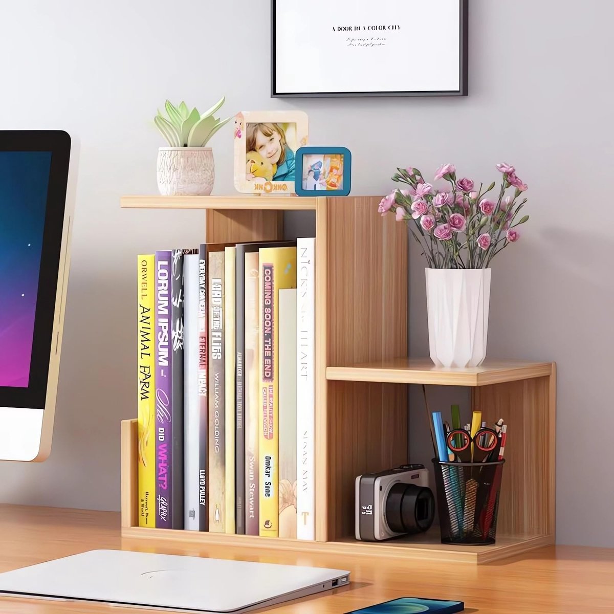 Omgoods - Houten Bureau Organizer met Boekenkast in Bruin