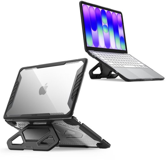 Coque noire pour MacBook Neo avec dos transparent et béquille intégrée.