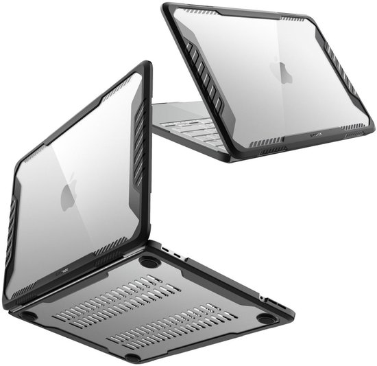 Housse rigide transparente avec pare-chocs noir pour MacBook, vue de face et de dessous.