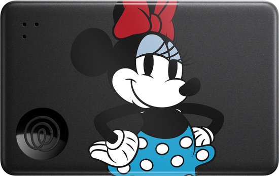 Een zwarte, platte Tile tracker met Minnie Mouse.