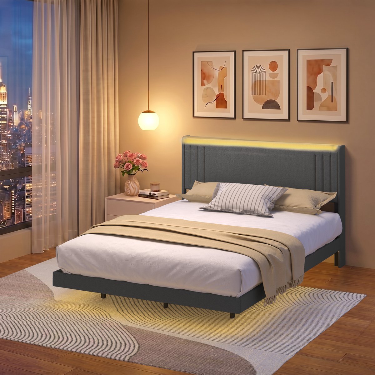 Xbro Gestoffeerd Bed 160 x 200 cm met LED-verlichting en USB,Tweepersoonsbed met Lattenbodem,Hoofdbord en Opbergruimte,Donkergrijs