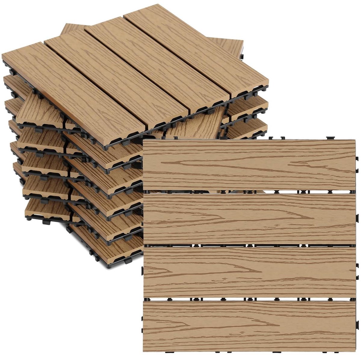 WPC Terrastegels - Composiet Tegels Houtlook - Buitenruimte Aankleden - Kliksysteem Drainage - 110 stuks 10 m² - Teak