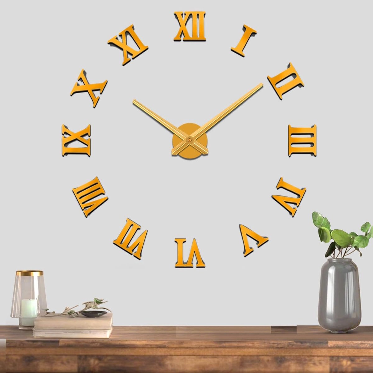 Mintime Frameless 3D DIY Wall Clock XXL Stumm Mirror Sticker Home Office School Decoration Gold - ShopVlot