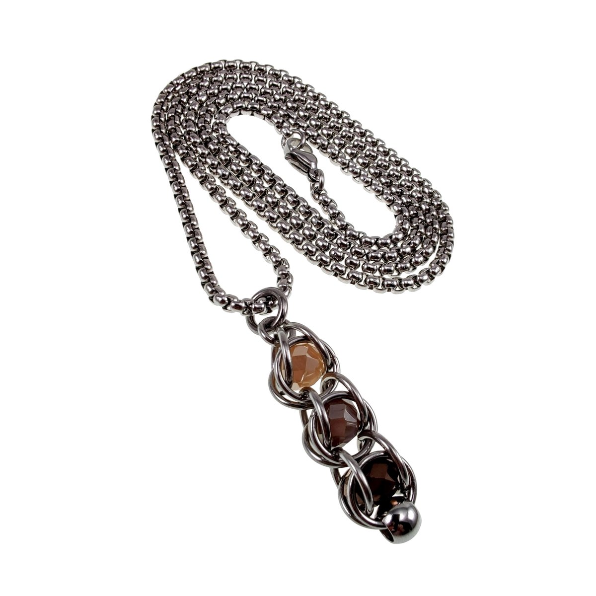 Jasseron-Ketting + Hanger RVS, Schakelhanger van Bruintinten Kristallen met Ketting 60cm x 3mm, Dames - Handgemaakt