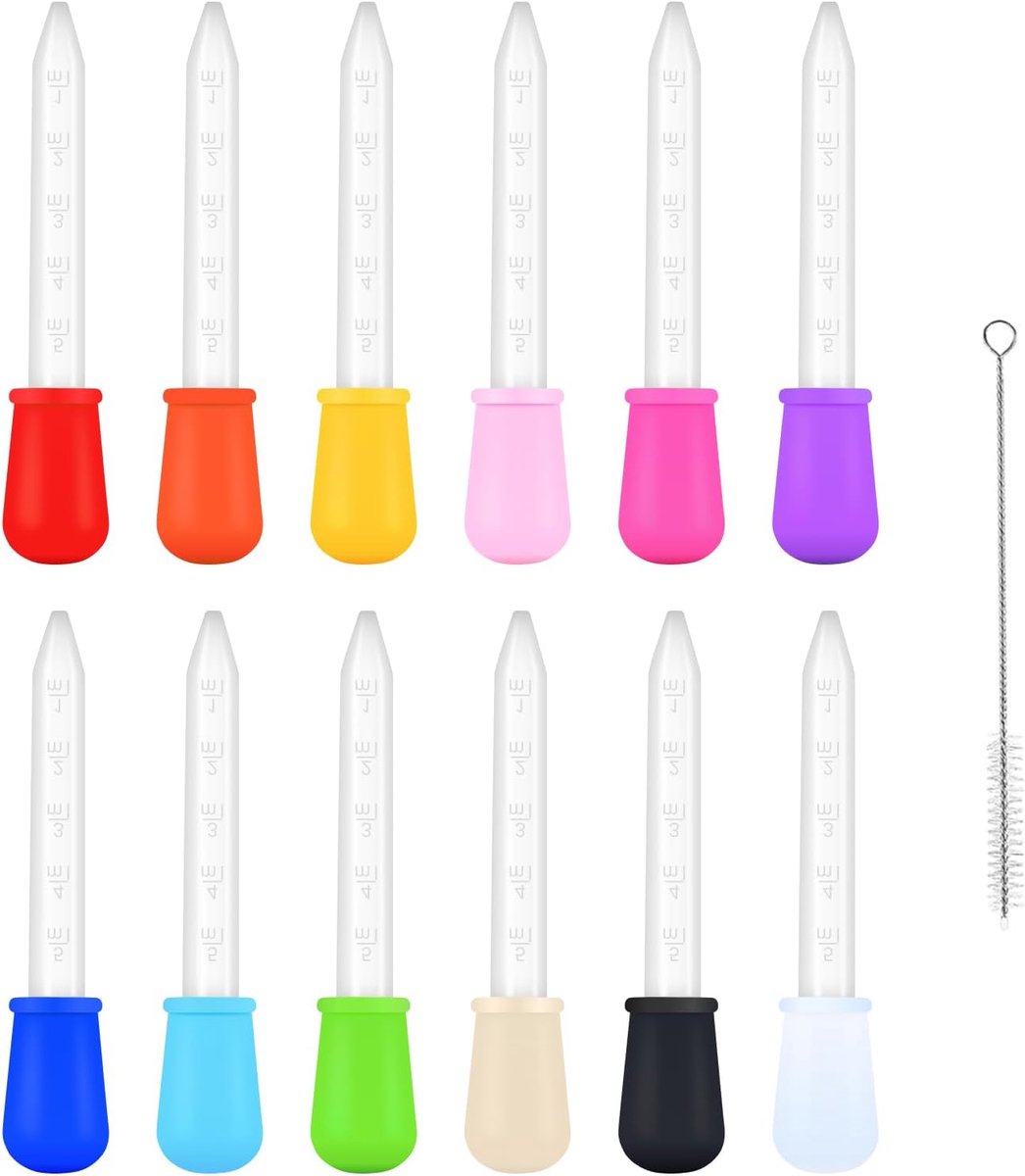 Pipetten, set van 12 pipetten van 5 ml met 1 schoonmaakborstel, vloeistofoverdrachtpipetten, siliconen en kunststof druppeltellers voor laboratorium en keuken