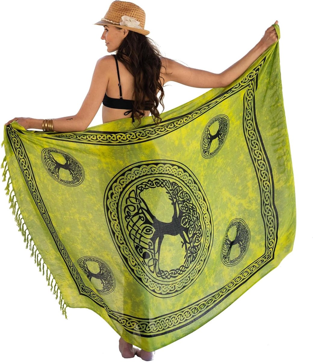 doek dames met saronghouder pareo wikkeldoek handdoek jurk wikkelrok dames strandlaken XXL doek mannen pareo dame strandlaken dame boom of leven groen, groen, 165x110cm