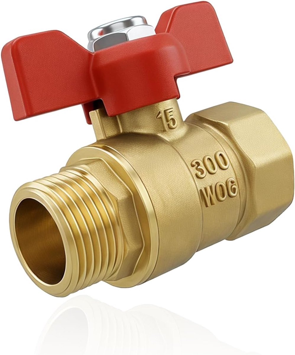Kogelkraan 1/2 inch, afsluitventiel 1/2 inch kogelkraan, messing afsluitkraan, water met rode vleugelgreep voor toilet, compleet water met gassanitaire slangen