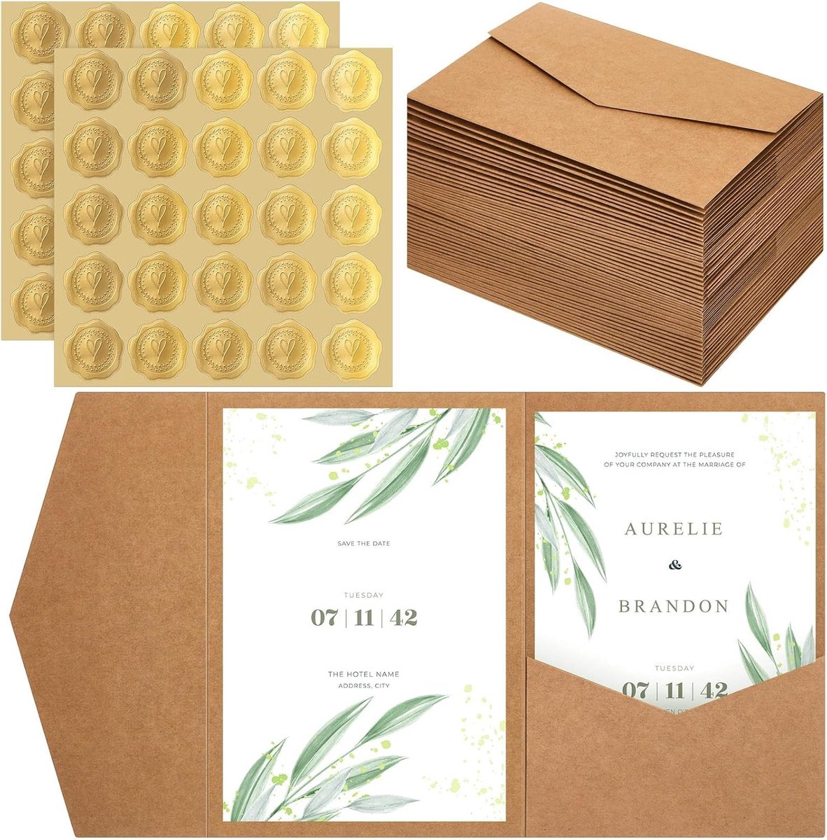 Papieren Pocketfold Enveloppen en Zelfklevende Lakzegels Voor DIN A6 Enveloppen Uitnodigingskaarten Trouwuitnodigingen Verjaardagsuitnodigingen(Kraftpapierkleur,50 Stuks)