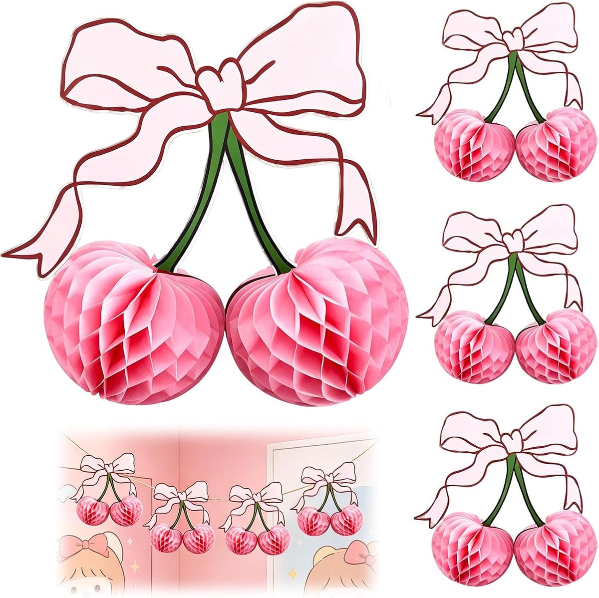 Allen decoratieset retro pin-up design 3D papier kersen met roze strikken, feestdecoratie voor verjaardag, vrijgezellenfeest, zomer, picknick, feest (roze)