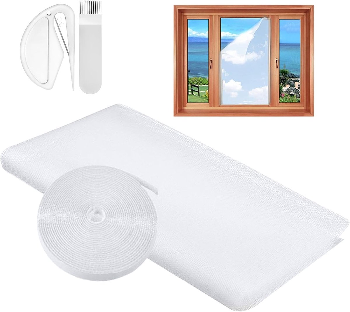 SnelShoppen - DIY Raam Insecten Hor, 130 x 150 cm, Zelfklevend Insectenscherm voor Ramen, Wit, Geschikt voor Diverse Raamtypes, Met Rol Haakband, Idea