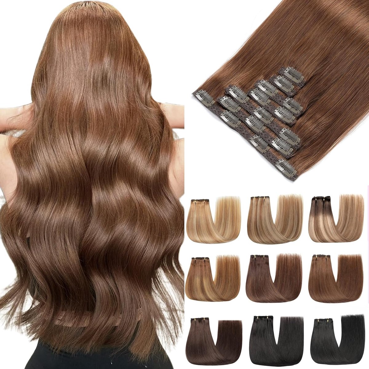 Clip In Hair Extensions 7 Pieces Straight Human Hair Extensions Chocolate Brown 80g 35cm(14Inch, 4#)