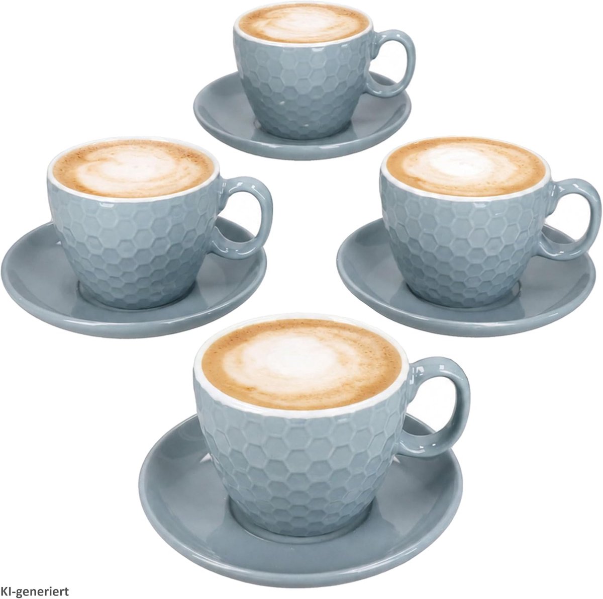 Hexa 4-delige set koffiekopjes met schoteltjes blauw 4 personen reliëf | keramiek, koffie en cappuccino, voor vier personen, blauw en wit, geometrisch reliëf, vier kopjes en schotels