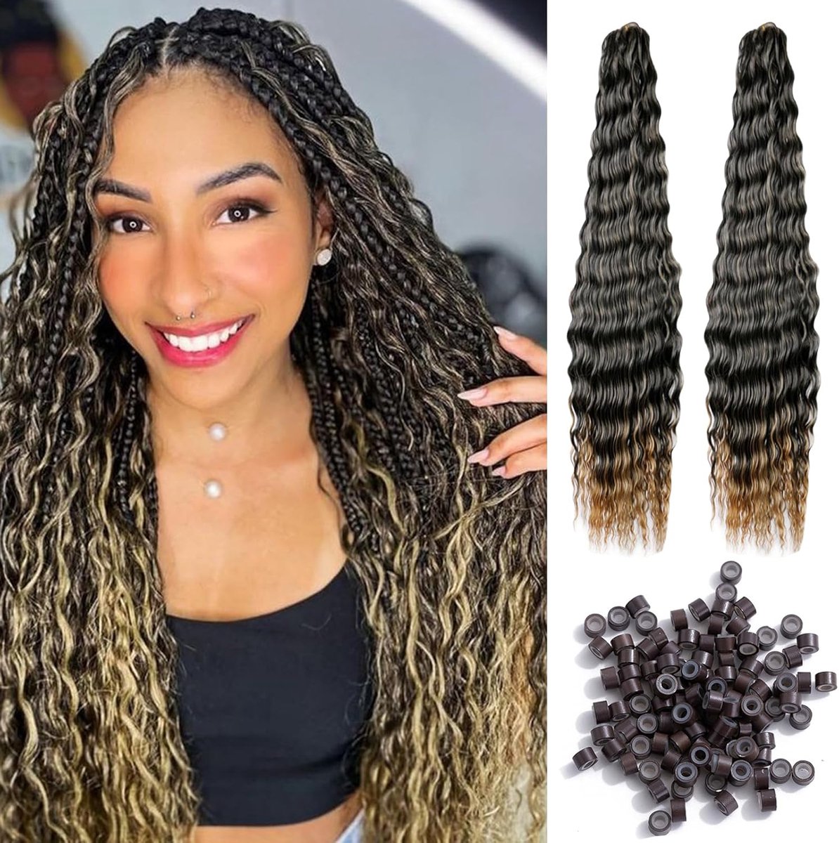 2 Packs Pre Stretched Braids, Natural Black Easy Crochet Hair, Ocean Wave Curly Bohemian, voor vrouwen en meisjes (gradiënt)