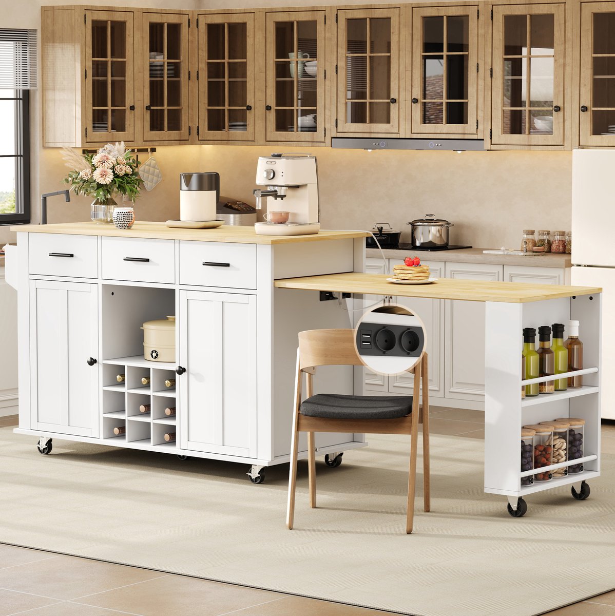COVREO Keukeneiland 136x50x93 cm wit, hout met wijnrek en 3 lades