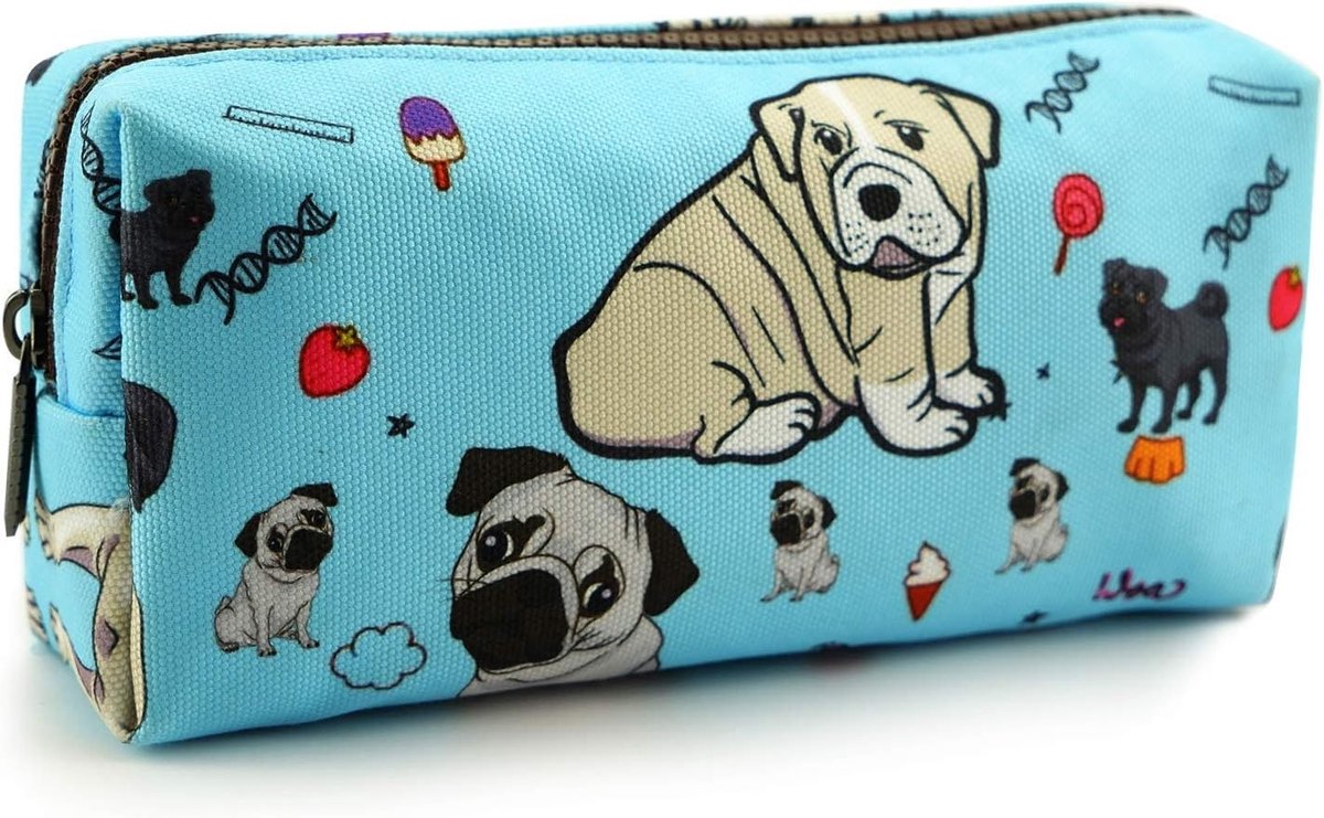 Schattige hondenmotieven etui van linnen voor pennen, schrijfwaren en make-up, blauw en multifunctioneel