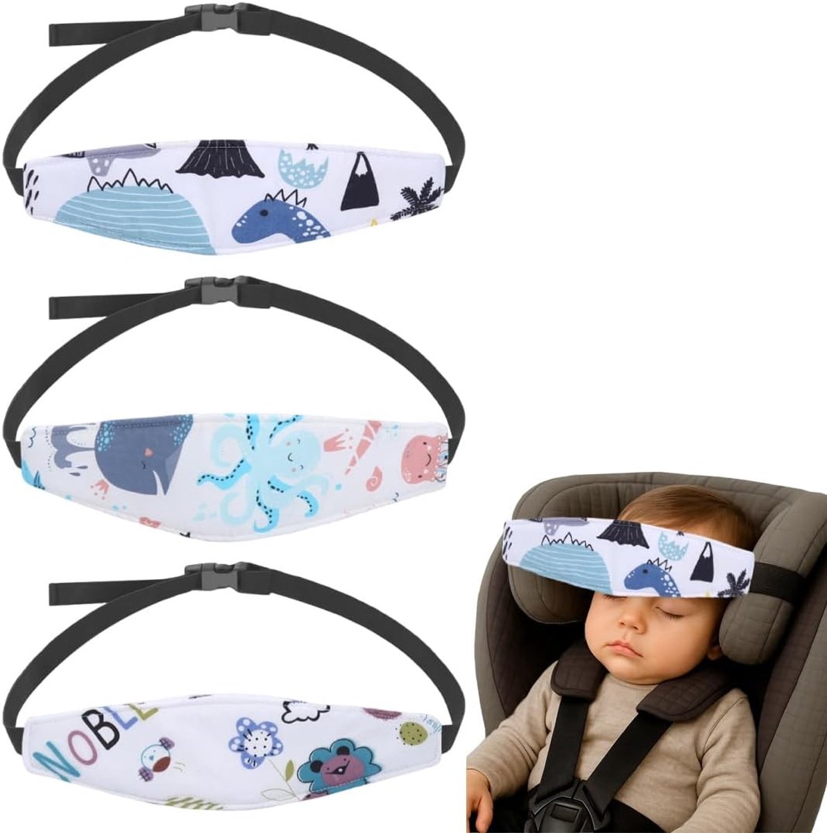 Set van 3 Verstelbare Hoofdsteunen voor Kinderstoelen, Comfortabele Slaapband voor Kinderen, Schattige Cartoonpatroon