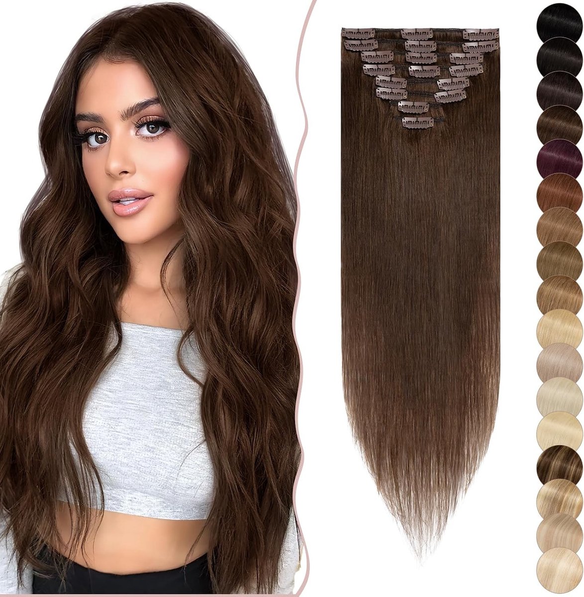 Silky Soft Clip-In Haarextensions van 100% Remy Menselijk Haar, 35 cm, Donkerbruin, Perfect voor Volumineuze Stijl en Gemakkelijk in Gebruik