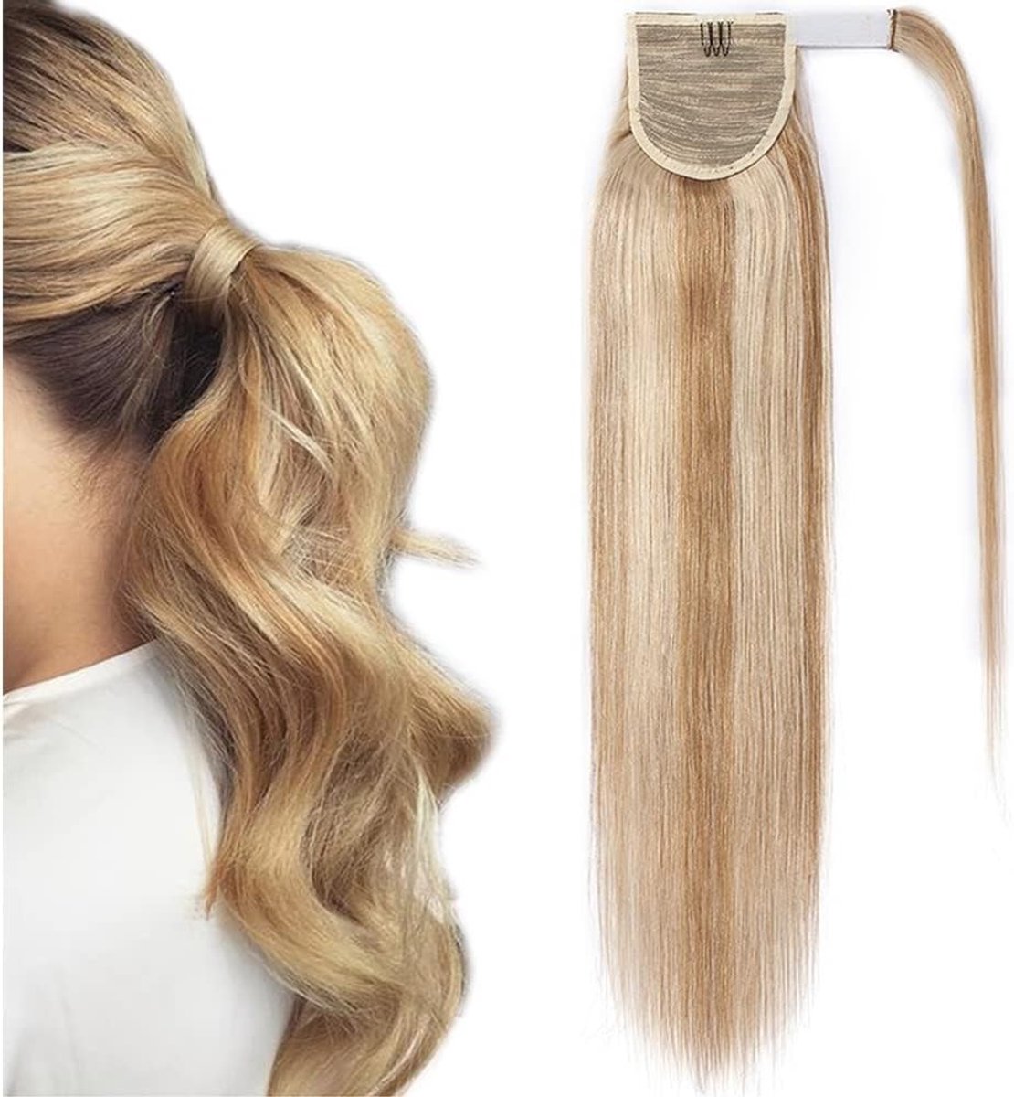 20 inch lange ponytail extension van echt Remy haar, clip-in haarstuk voor vrouwen met natuurlijke highlights, ideaal voor volume en lengte (95g, #12P613 asblond en gebleekt blond)