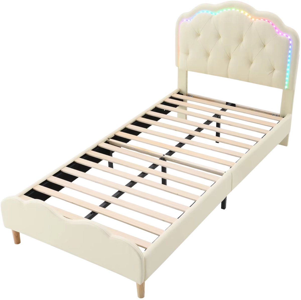 Happiq Gestoffeerd Eenpersoonsbed 200x90 cm Wit – Bedframe met LED Verlichting White
