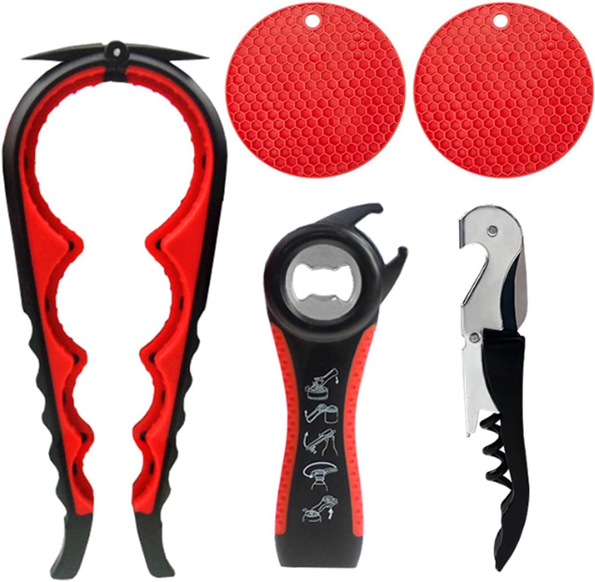 SnelShoppen - 5 Pcs Multifunctionele Potopener - 5-in-1 Dekselopener, Bierflesopener, Antislip Rubber Potopener, Zwart en Rood voor Keuken en Feest