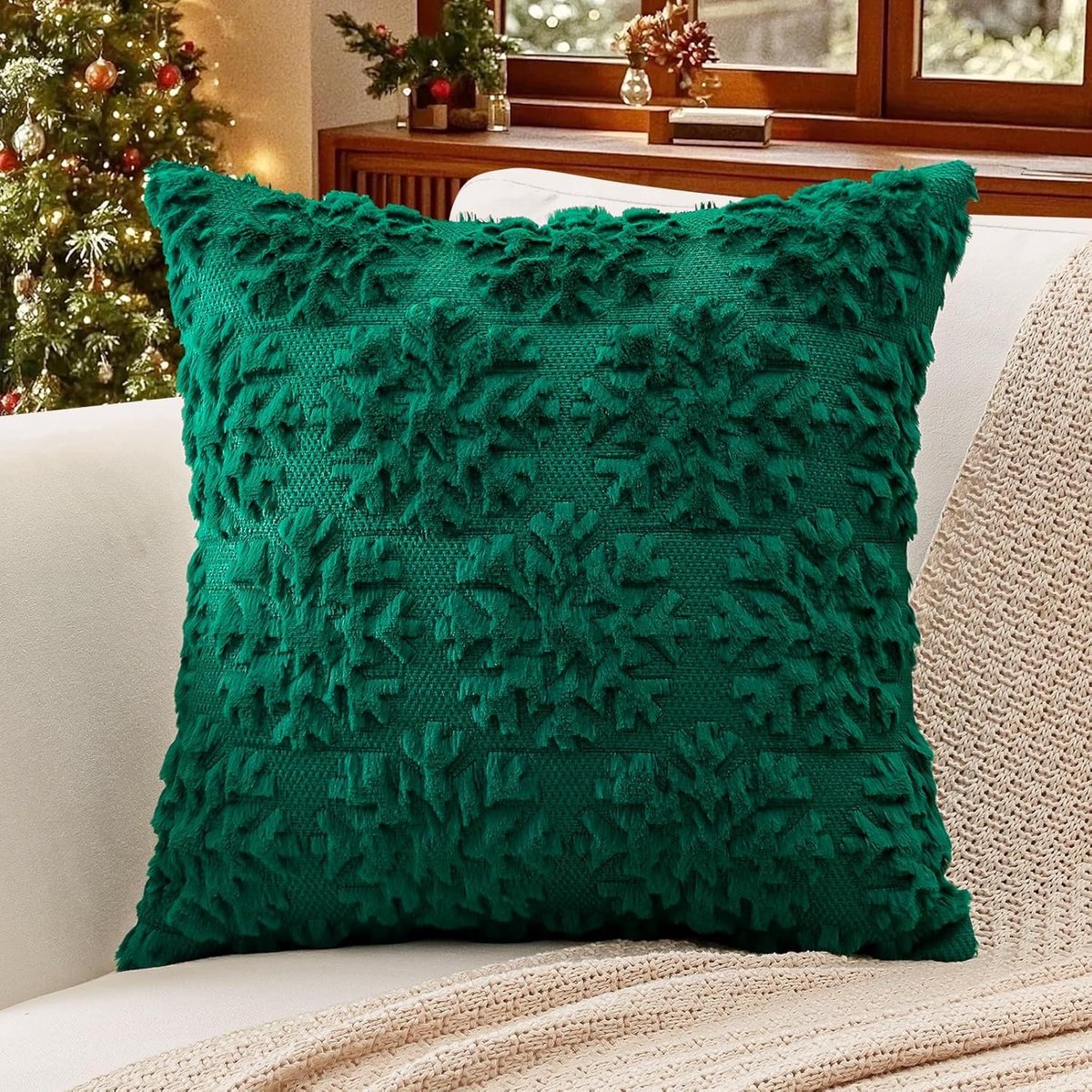 Zachte Pluche Kussenhoezen van Wol, Decoratieve Kussenhoezen voor Kerst, Sneeuwvlok Design 50 x 50 cm voor Sofa en Slaapkamer