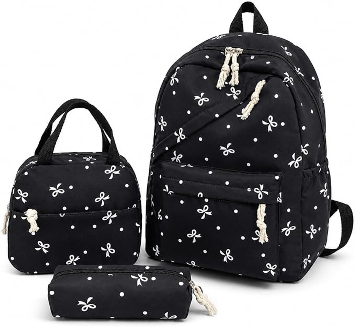 Bobypet Schooltas Meisjes - Zwarte Kawaii Rugzak met Strikje - 3 in 1 Set met Lunchtas en Etui voor Middelbare School - Waterafstotend Polyester