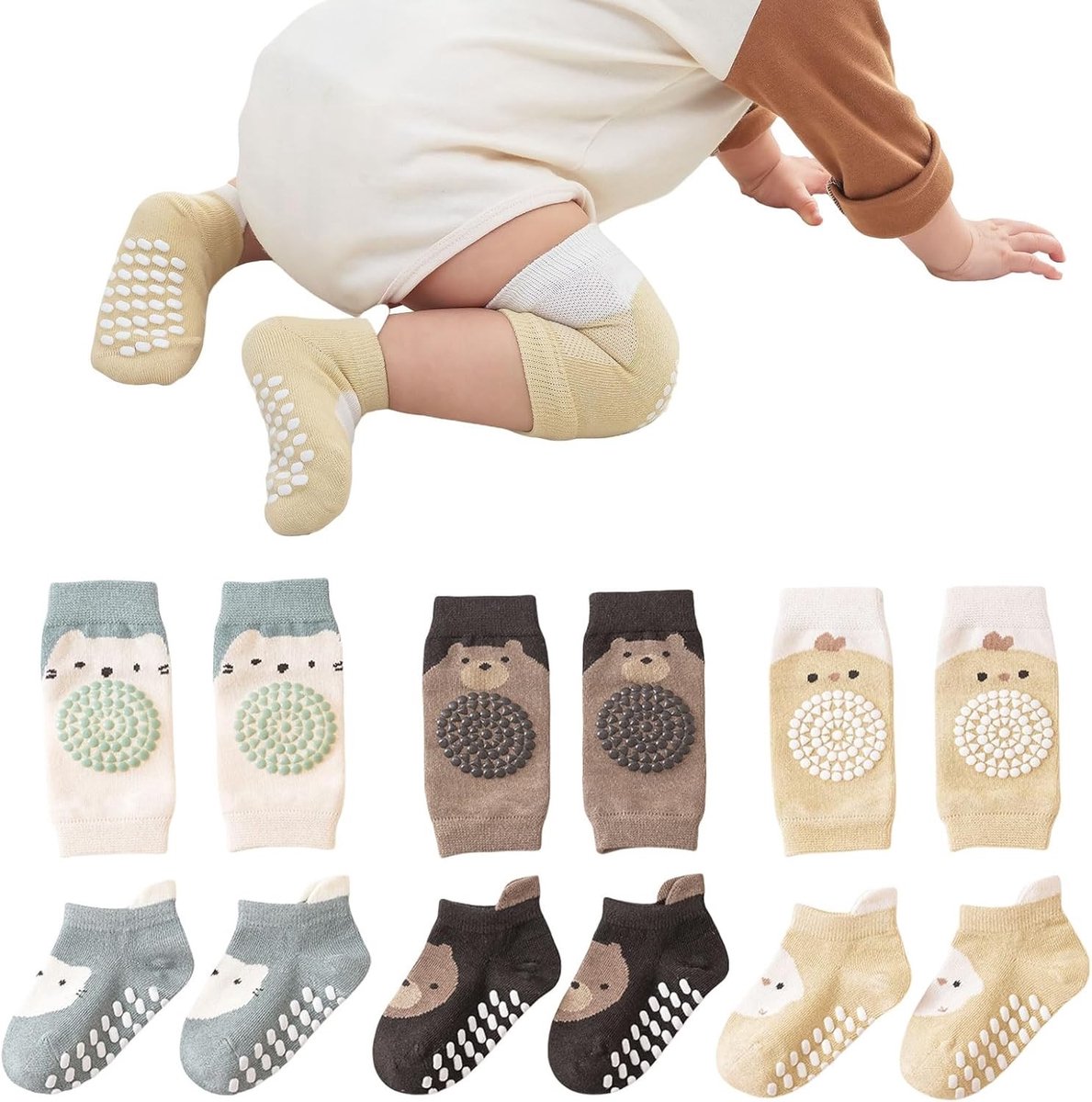3 Paar Baby Kniebeschermers en 3 Paar Baby Sokken Set voor Kruipen, Antislip met Rubber Dots, Ideaal voor Baby's van 0-12 Maanden