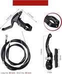 Gedetailleerde weergave van een zwarte fietsrem en kabel. Afmetingen in inches en millimeters zijn aangegeven.