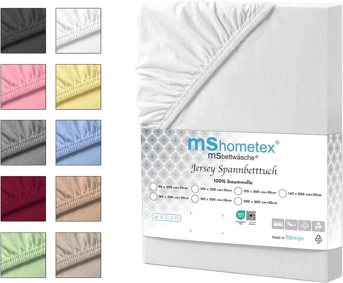 SnelShoppen - Jersey hoeslaken wit 100% katoen Oeko-Tex ademend onderhoudsvriendelijk vormvast matrashoogte 30 cm afmetingen 200 x 200 cm voor comfort