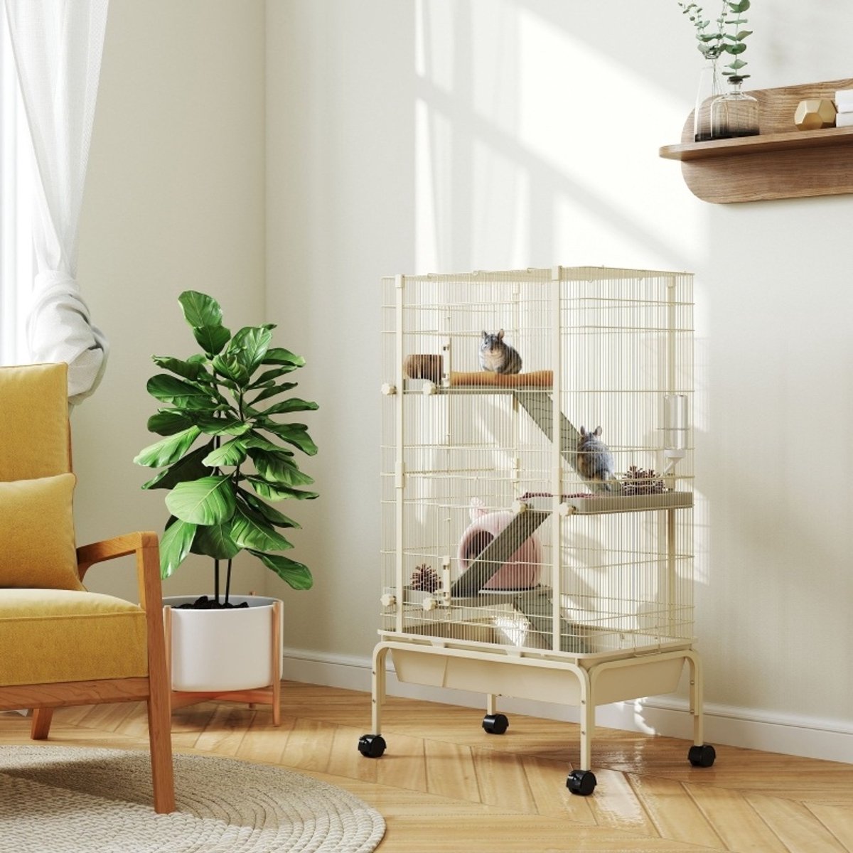 COVREO Kleintierkäfig 88 x 48 x 150,5 cm beige, staal met 4 niveaus